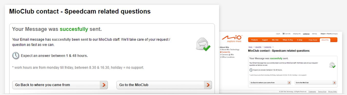 Mio Technology - Contact us form confirmation page